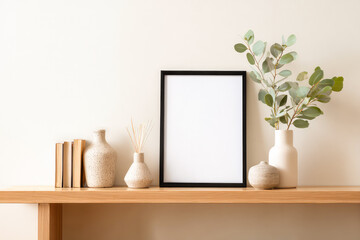 horizontal blank white photo frame with black frame sitting on a minimalist mantle piece, homely living room