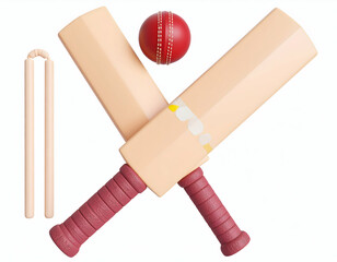 3D Cricket Scene Bats Ball and Wickets Digital Art Sport Game Competition Teamwork Play Fun and