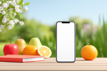 mockup with a blank phone screen placed on a wooden picnic table, surrounded by fresh fruit, a notebook, and a sunny garden in the background