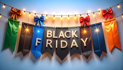 Black Friday Sale Banner with Festive Holiday Ribbons Lights Shopping Event Deals Offers Discount