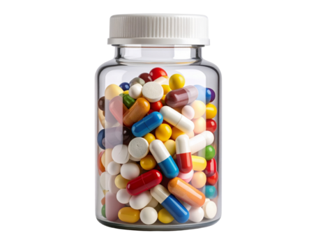  Bottle of Multicolored Pills with Child-Proof Cap Isolated on White Background PNG