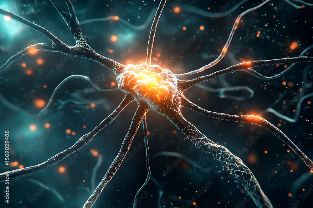 Poster close-up view of a neuron showcasing its intricate structure and glowing connections in a dark backg
