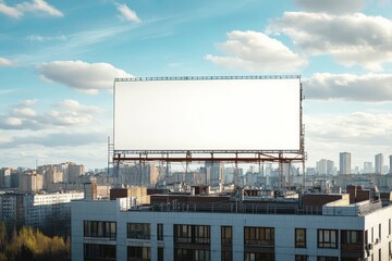 Large white billboard on rooftop with panoramic view of urban skyline and cloudy blue sky in background