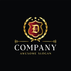 Luxury Royal Crest Logo with Letter D in Golden Shield and Laurel Wreath on Black Background