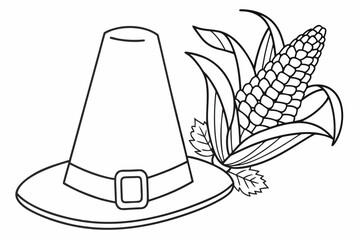 Pilgrim Hat and Corn Illustration in Black and White Outline Style silhouette black white illustration featuring