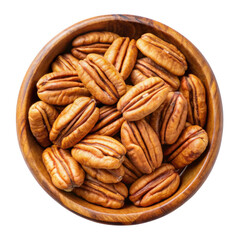 Pecan nuts peeled in wooden bowl isolated on transparent background