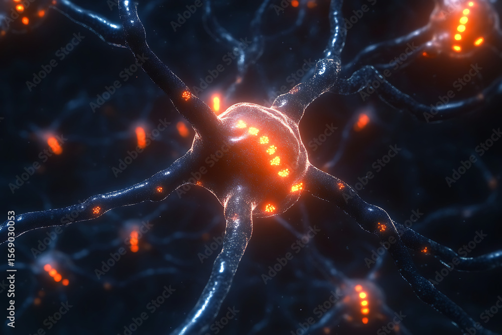Poster intricate neural network with glowing synapses illustrating brain activity in a digital landscape