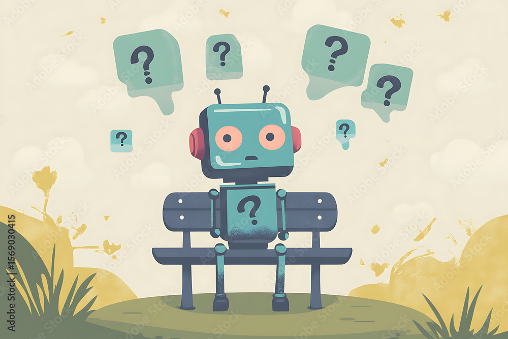 Poster a whimsical robot sits on a park bench, pondering life while colorful question marks float around
