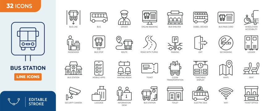 Bus station line editable icon set. Containing bus, bus station, bus shelter, route, bus line, and more.  Editable stroke. Vector illustration