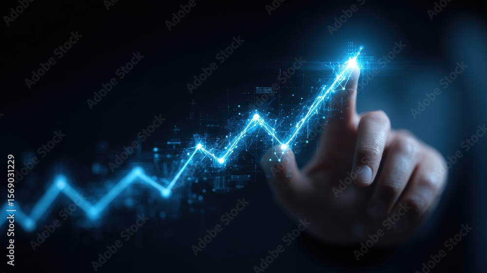Poster intuitive display of a blue holographic upwardtrending graph hovering above a mans fingertips showca