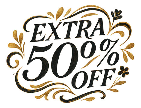 Decorative vintage-style sticker with EXTRA 50% OFF in elegant script, ornate retail promotion on transparent background.