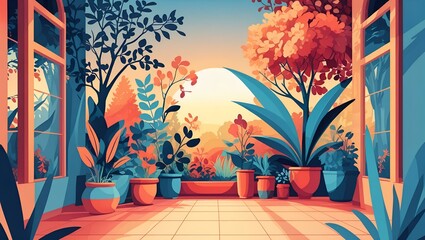 botanical garden mural at sunrise. radiant vector-style plants in whimsical flat design for modern interiors