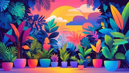 urban jungle mural illustration of colorful tropical plants in pots with boho modern style and sunset glow