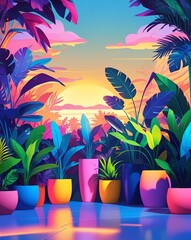 urban jungle mural illustration of colorful tropical plants in pots with boho modern style and sunset glow