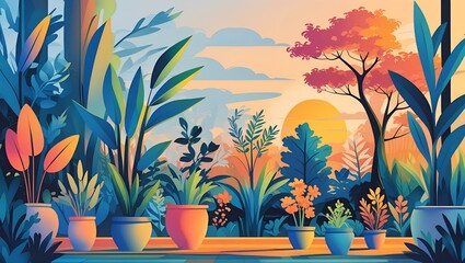 botanical garden mural at sunrise. radiant vector-style plants in whimsical flat design for modern interiors