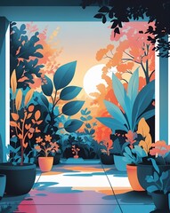 botanical garden mural at sunrise. radiant vector-style plants in whimsical flat design for modern interiors