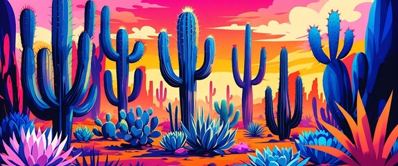 fantasy desert garden illustration. abstract cactus and succulents with neon colors and silhouettes