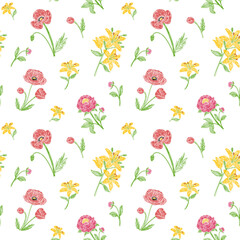 Floral seamless pattern. Flower vector set. Hand drawn color sketch collection. Marker drawing style