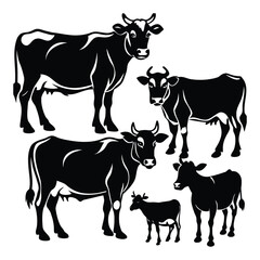 Black and White Silhouette Illustrations of Cows and Calves in Various Poses