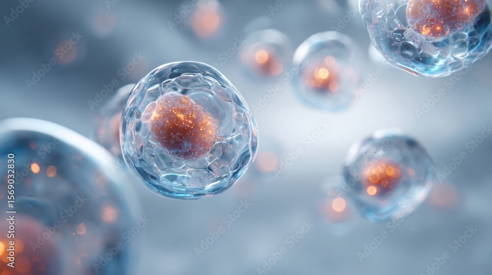 Poster detailed closeup image featuring exosomes encased in translucent spheres radiating subtle glows in a