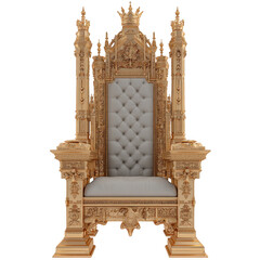 Ornate golden royal throne with tufted white upholstery isolated on transparent background