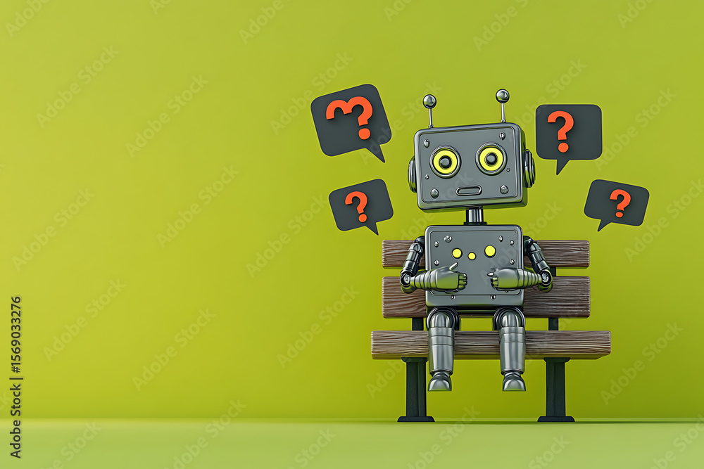 Poster a curious robot sits on a bench, contemplating questions amidst a vibrant green backdrop