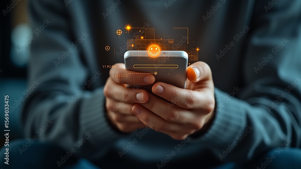 Poster person holding a smartphone displaying a glowing orange interface with a smiley face and digital ele