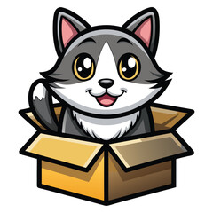  A cute and friendly cartoon cat with big eyes, gray and white fur, smiling and waving from inside an open cardboard box. Perfect for pet, fun, or surprise themes.