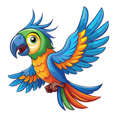 Fototapeta premium A vibrant, cheerful cartoon macaw in mid-flight with outstretched wings, showcasing bright blue, green, and orange feathers against a clean white background. Ideal for children's designs, educational 