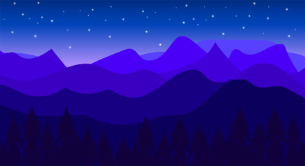 blue mountain landscape vector with pine trees and stars, ideal for nature or outdoor themes.