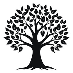  A classic black silhouette of a healthy, mature tree with a full canopy of leaves, symbolizing nature, growth, and life. Ideal for various design projects.