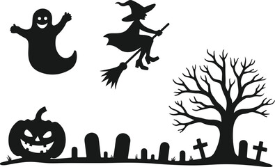 Halloween silhouette collection featuring ghost witch pumpkin tree and gravestones