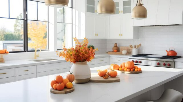 Bright and airy kitchen decorated with autumn fruits and vibrant colors for a cozy fall atmosphere