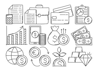Outline doodle style global business icons with finance, money, credit, and growth elements. Perfect for infographics, reports, and web designs.