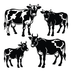 Black and White Silhouette Illustrations of Cows and Calves in Various Poses