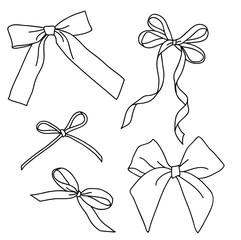 Set of decorative bow shape isolated on white background. 1 September holiday for schoolgirl decoration element. Hand drawn bow collection. Vector flat stock illustration. Not AI.