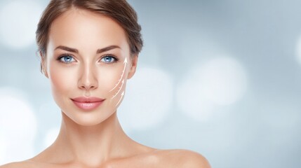 Naklejka premium Beautiful woman with smooth youthful skin following cosmetic enhancement. Visible lifting arrows illustrate the precision of rhytidectomy captured in a serene atmosphere that conveys