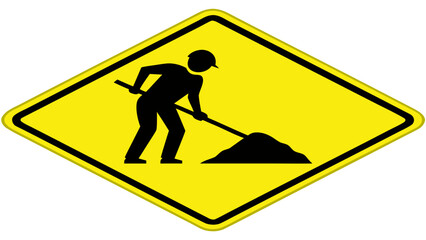 A bright yellow diamond shaped warning sign with a black silhouette of a construction worker wearing a hard hat digging with a shovel into a pile of dirt