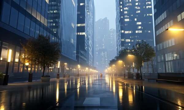 Cityscape view of a wet street with tall buildings and streetlights on a foggy and rainy day scene