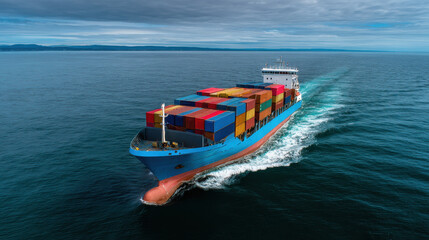 Large cargo ship navigating through calm waters, loaded with colorful shipping containers, showcasing maritime transport