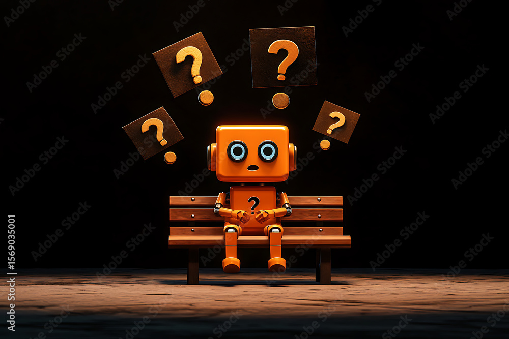 Poster a curious orange robot sitting on a wooden bench surrounded by floating question marks in a dark roo