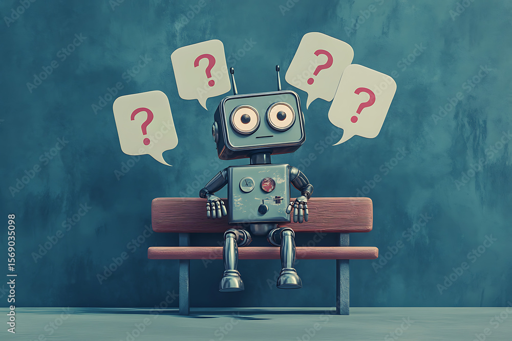 Poster a curious robot sitting on a bench with question marks in a minimalist room, pondering existence