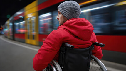 Person in red jacket sits in wheelchair, gazing at passing train in vibrant urban setting at night