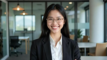 Confident Asian businesswoman with glasses smiles in a modern office, offering a professional headshot suitable for corporate communications and business profiles in 4k.