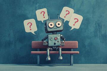 A curious robot sitting on a bench with question marks in a minimalist room, pondering existence