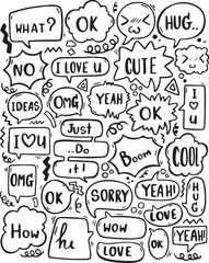 Speech Bubble Icon Set – Hand-Drawn, Black & White, Chat, Text, Cute, Comic, Messaging

