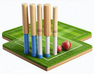 Wooden wickets stand ready balls wait promising a cricket game on a vibrant green pitch in a digital