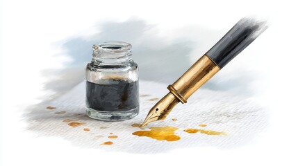 Vintage ink and pen in glass jar, calligraphy, sketching, drawing tools for creative expression