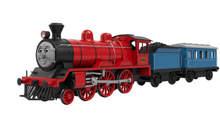 James the Red Engine and his Coaches A CloseUp View of a Classic Model Train isolated on transparent baackground