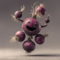 A whimsical red onion character with googly eyes and a carved smile posing on a neutral background